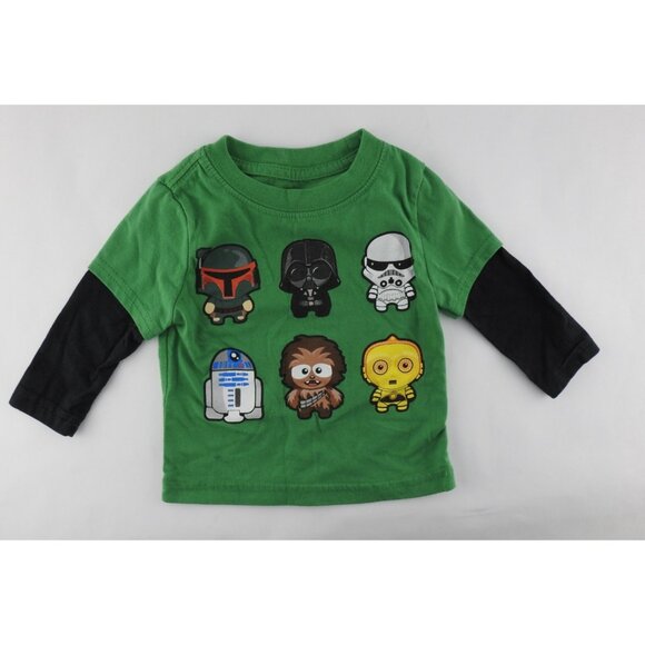 Star Wars Toddler Long Sleeve Shirt Green Double Sleeve 12M R2TD2 Darth Vader - Picture 1 of 4